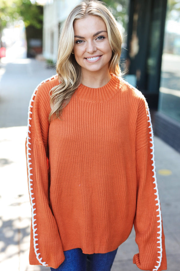 Fall Vibes Rust Rib Knit Stitch Detail Oversized Sweater