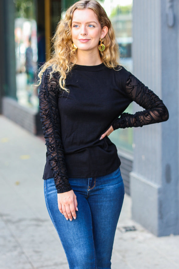 Haptics Can't Help But Love Black Shirred Velvet Mesh Long Sleeve Top