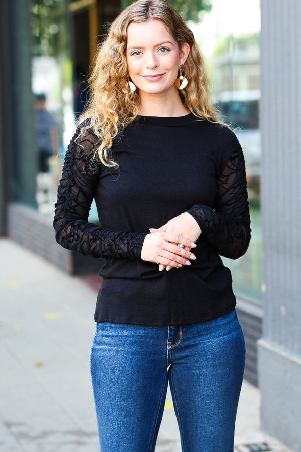 Haptics Can't Help But Love Black Shirred Velvet Mesh Long Sleeve Top