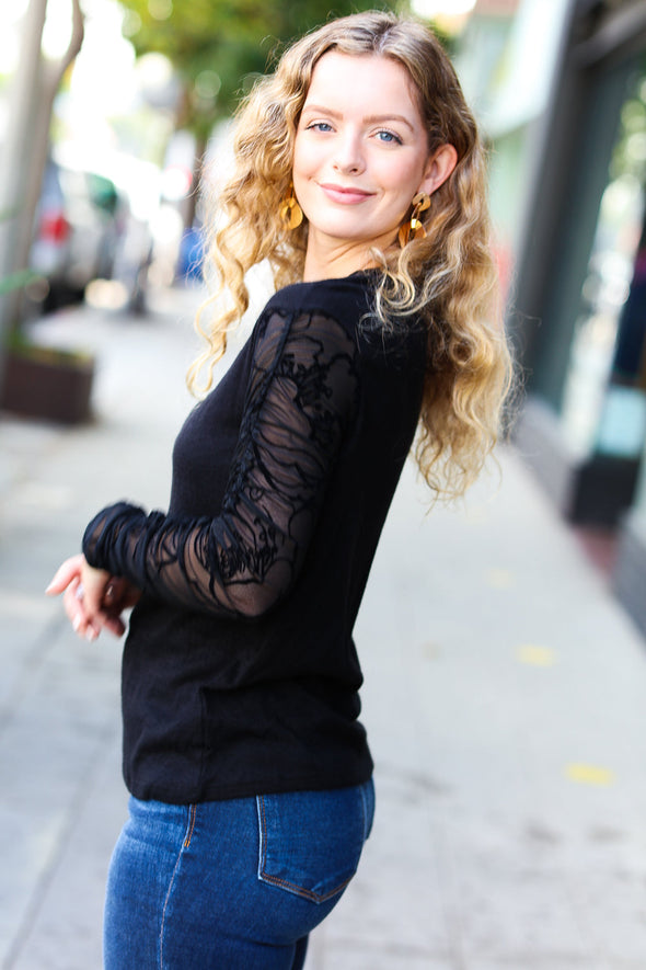 Haptics Can't Help But Love Black Shirred Velvet Mesh Long Sleeve Top