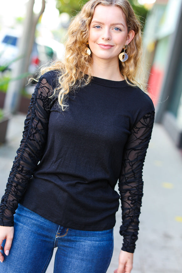 Haptics Can't Help But Love Black Shirred Velvet Mesh Long Sleeve Top