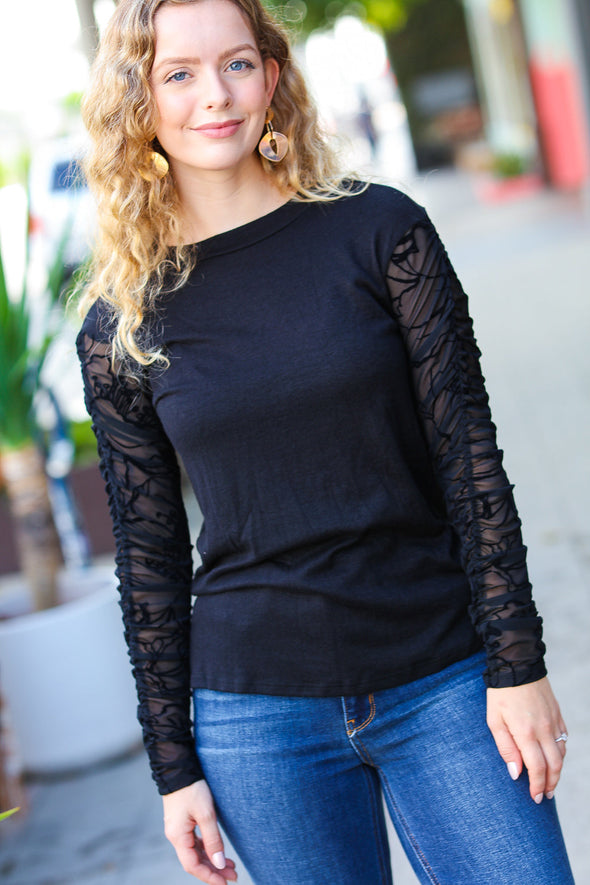 Haptics Can't Help But Love Black Shirred Velvet Mesh Long Sleeve Top