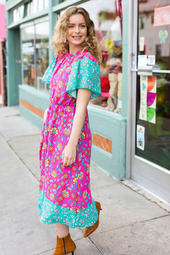 Charming Fuchsia & Mint Floral Frill Mock Neck Flutter Sleeve Midi Dress