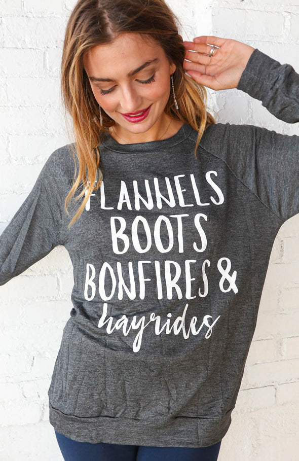 "Flannel, Boots, Bonfires" Graphic Tee