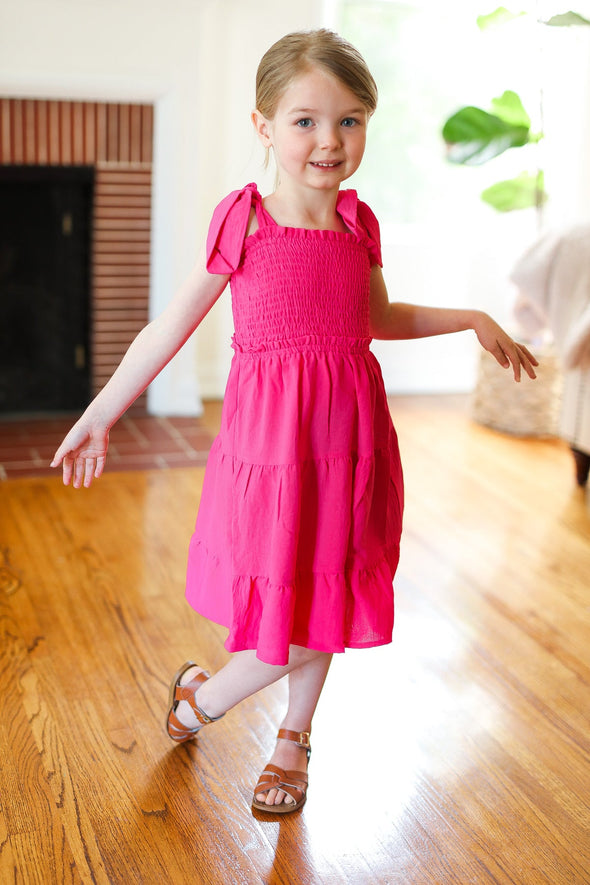 Darling Pink Crepe Tiered Smocked Shoulder Tie Dress