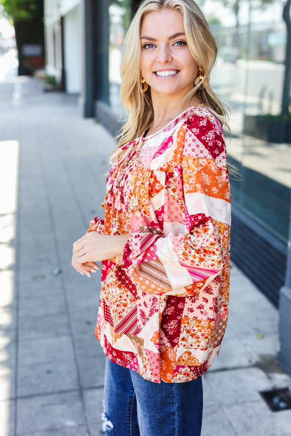 Rust & Magenta Patchwork Print Front Tie Boho Top