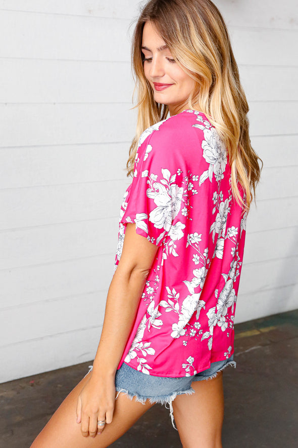 Fuchsia Floral V Neck Dolman Top