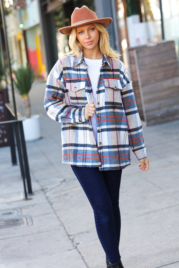 Haptics Perfectly You Taupe & Blue Plaid Flannel Button Down Shacket