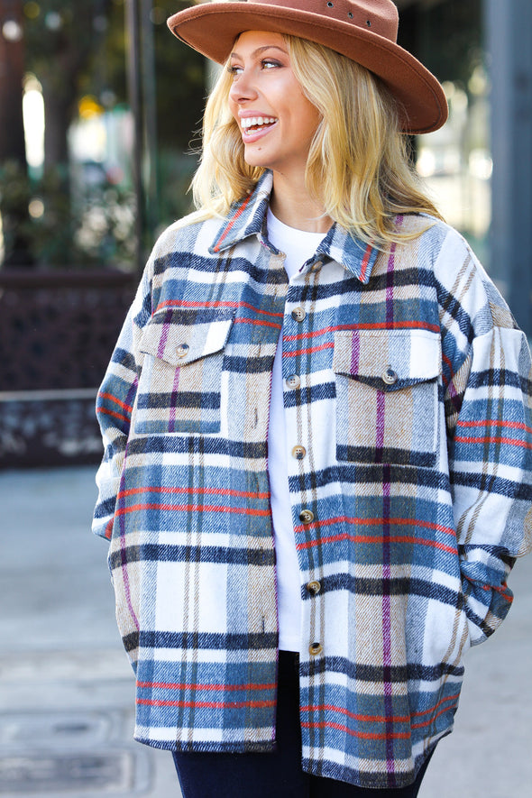 Haptics Perfectly You Taupe & Blue Plaid Flannel Button Down Shacket