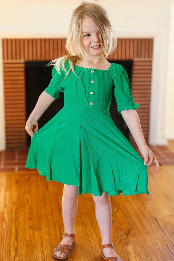 Adorable Green Button Square Neck Ruched Back Dress