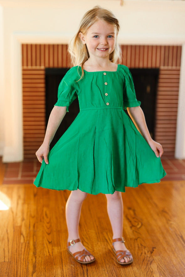 Adorable Green Button Square Neck Ruched Back Dress