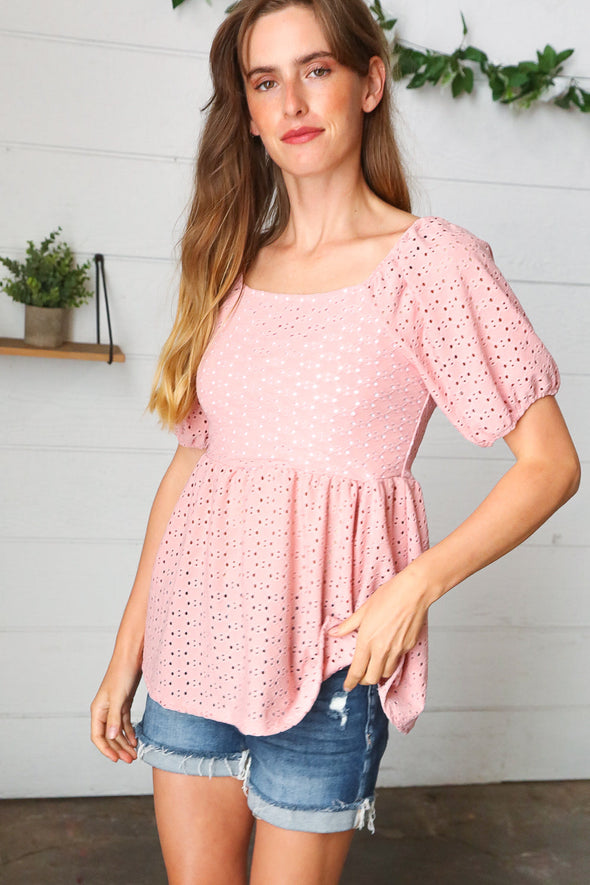 Mauve Eyelet Puff Sleeve Babydoll Top