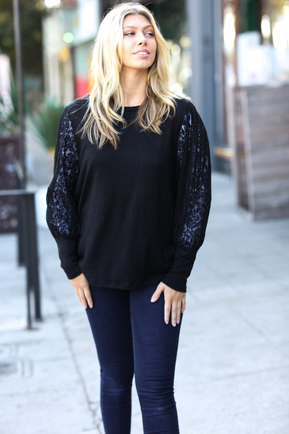 Black Hacci Floral Lace Bubble Sleeve Sweater