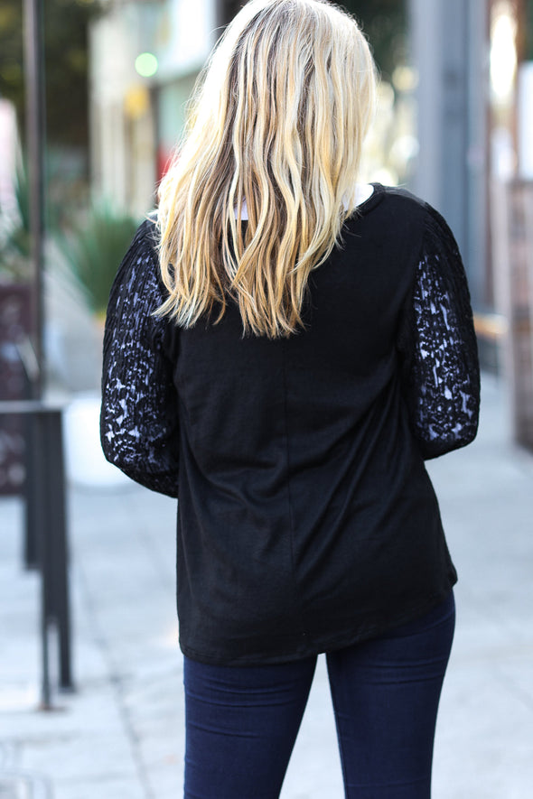 Black Hacci Floral Lace Bubble Sleeve Sweater