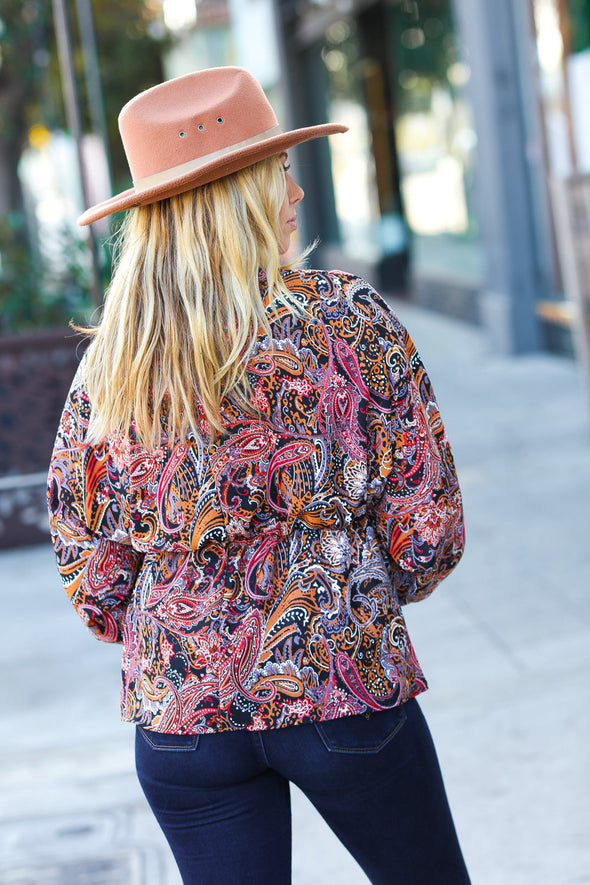 Haptics Feeling Elegant Black & Rust Paisley Surplice Peplum Top