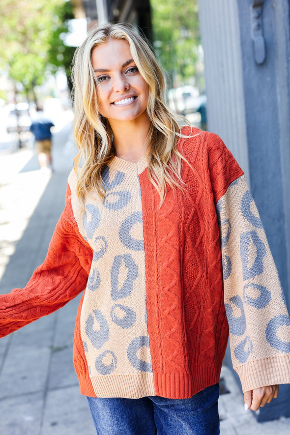 Feeling Casual Chic Rust & Taupe Animal Print Cable Knit Color Block Sweater