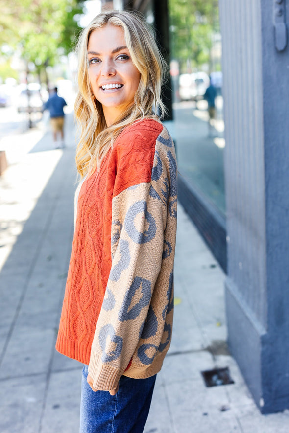 Feeling Casual Chic Rust & Taupe Animal Print Cable Knit Color Block Sweater