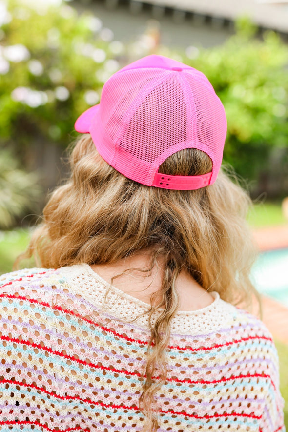 Neon Pink Glitter Smiley Face Mesh Trucker Hat