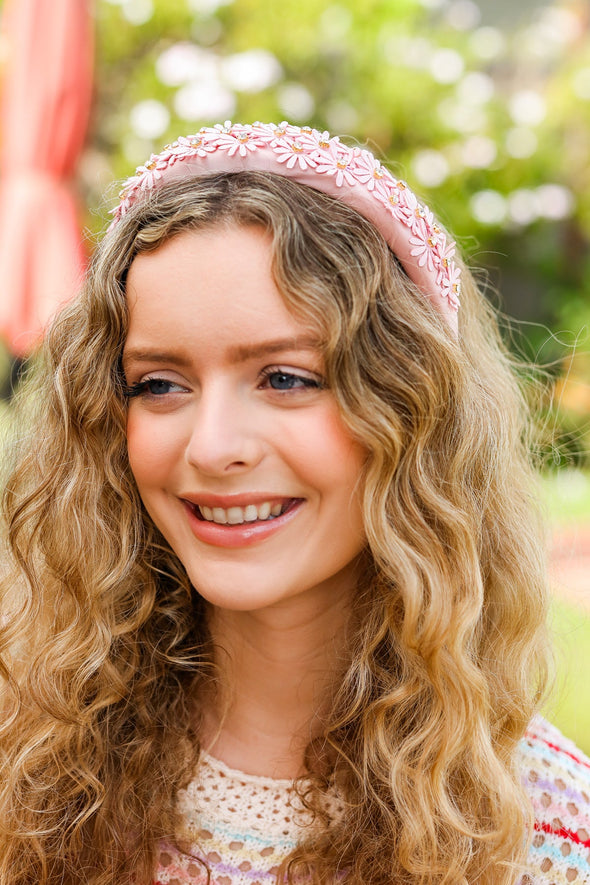 Pink Satin Daisy Rhinestone Headband