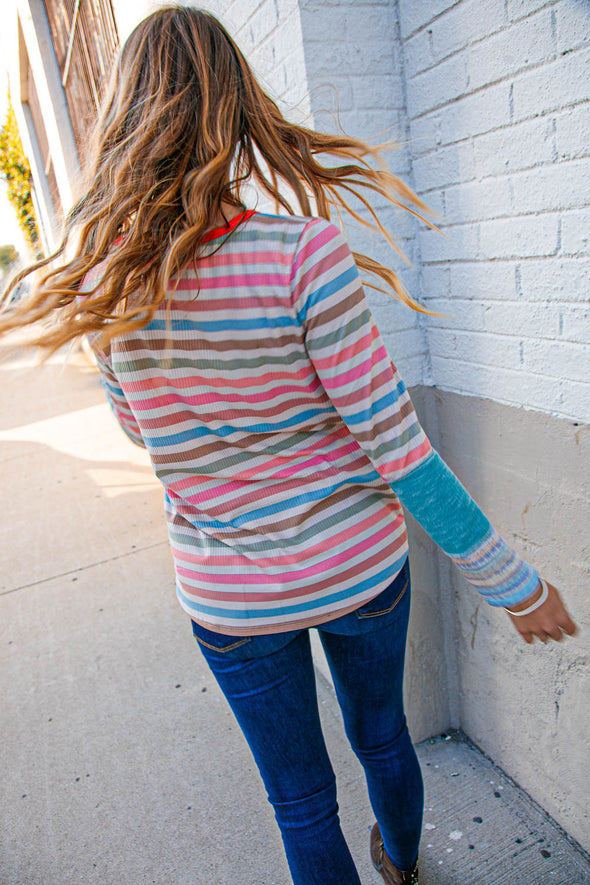 Coral Taupe Multistripe Rib Out Seam Detail Top