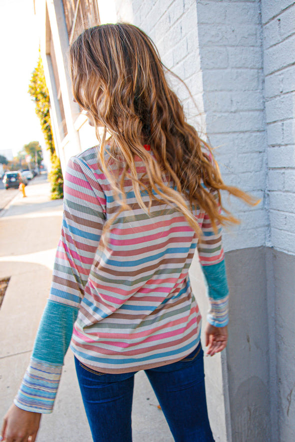 Coral Taupe Multistripe Rib Out Seam Detail Top