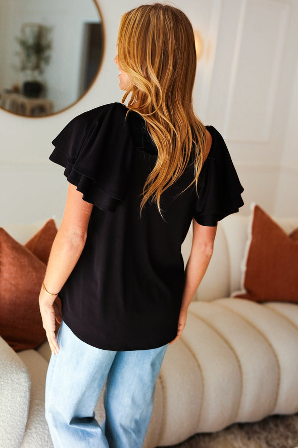 Black Double Ruffle Sleeve Square Neck Ribbed Top