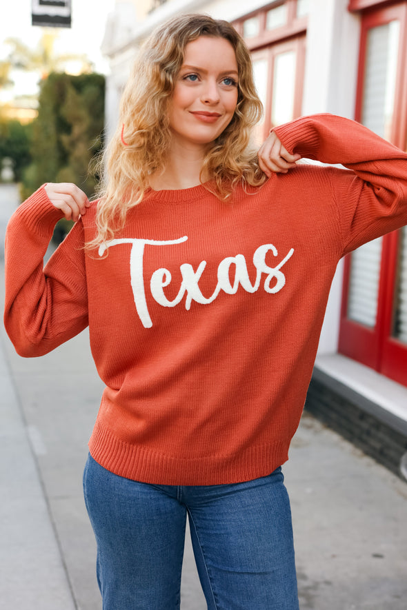 Game Day Burnt Orange "Texas" Embroidery Pop Up Sweater