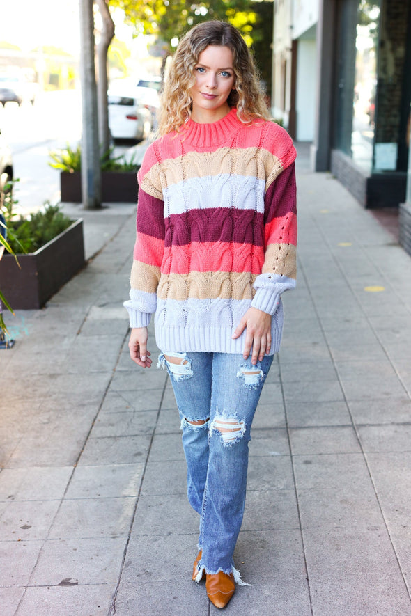 Fall For You Rust Multicolor Stripe Cable Knit Mock Neck Sweater