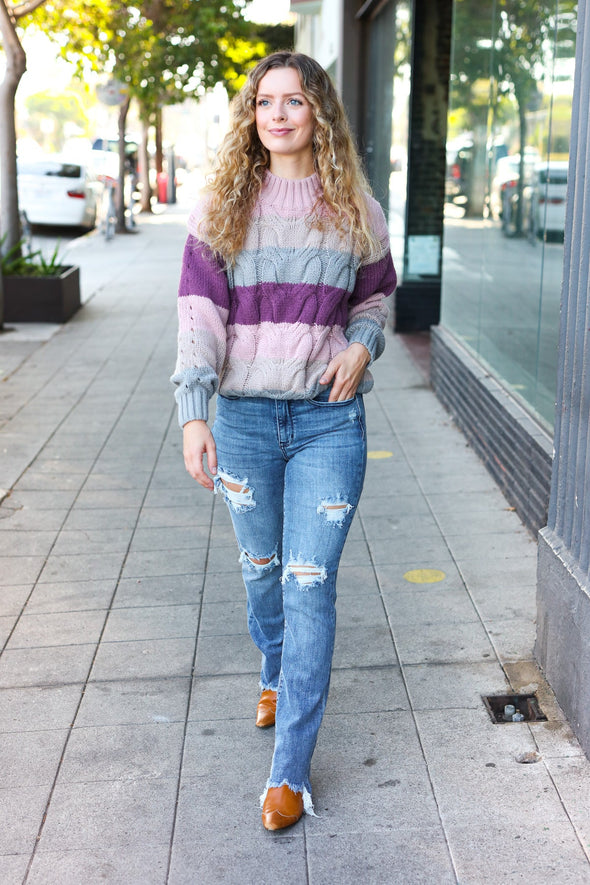 Fall For You Mauve Multicolor Stripe Cable Knit Mock Neck Sweater