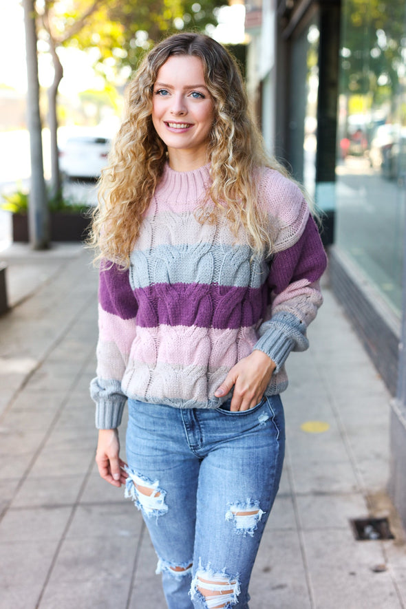 Fall For You Mauve Multicolor Stripe Cable Knit Mock Neck Sweater