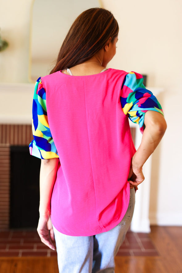 Tell Your Story Fuchsia Geo Print Puff Sleeve V Neck Top