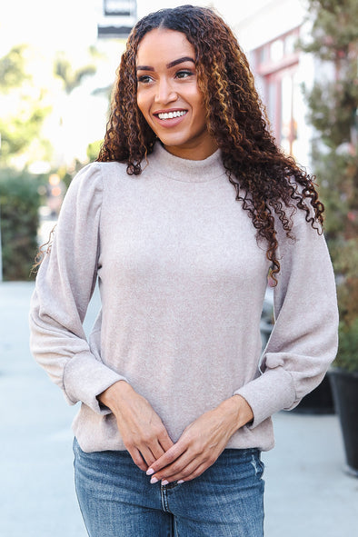 Stay Awhile Taupe Brushed Melange Puff Sleeve Sweater