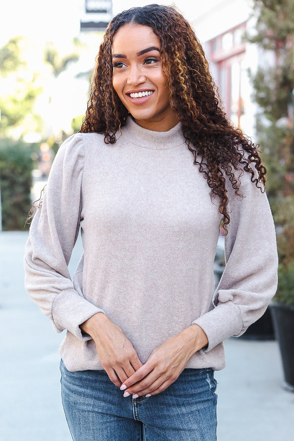 Stay Awhile Taupe Brushed Melange Puff Sleeve Sweater