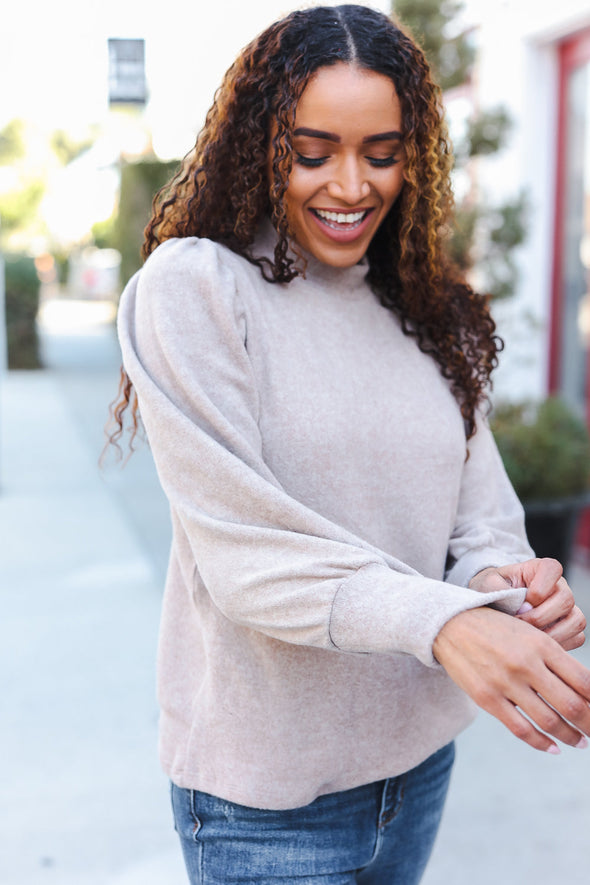 Stay Awhile Taupe Brushed Melange Puff Sleeve Sweater