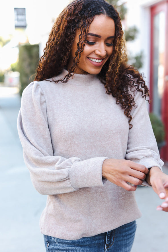 Stay Awhile Taupe Brushed Melange Puff Sleeve Sweater