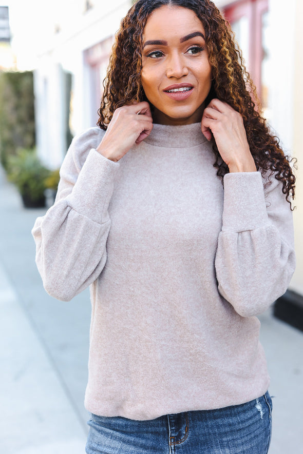 Stay Awhile Taupe Brushed Melange Puff Sleeve Sweater