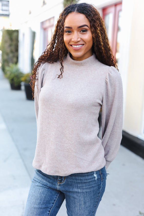 Stay Awhile Taupe Brushed Melange Puff Sleeve Sweater