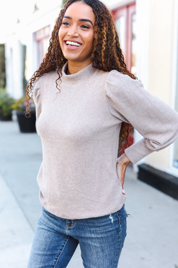 Stay Awhile Taupe Brushed Melange Puff Sleeve Sweater