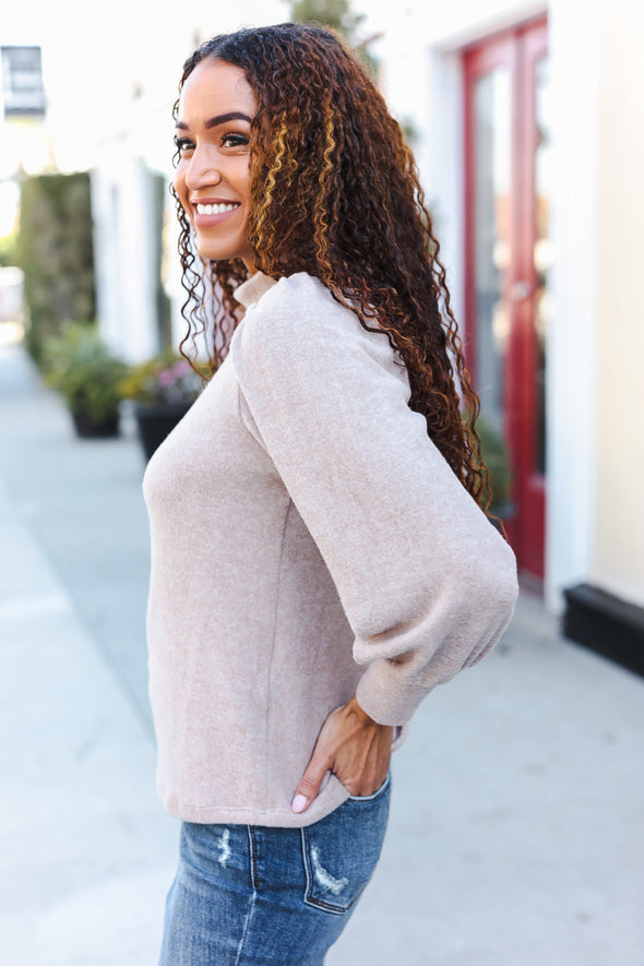 Stay Awhile Taupe Brushed Melange Puff Sleeve Sweater