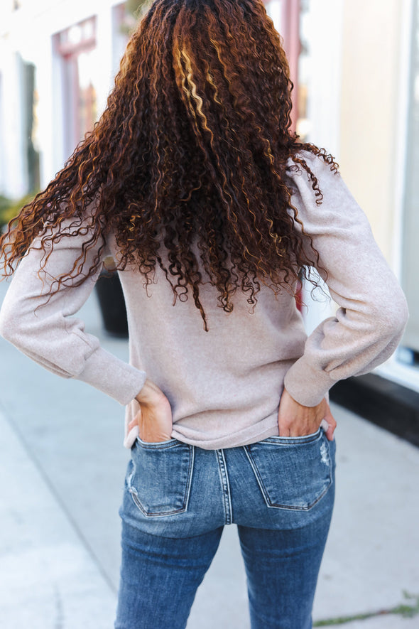 Stay Awhile Taupe Brushed Melange Puff Sleeve Sweater
