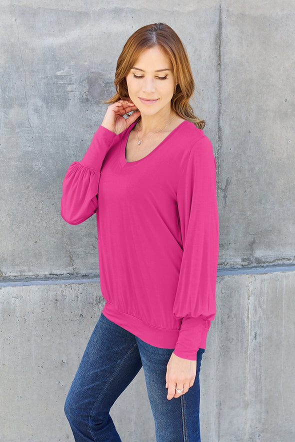 Basic Bae V-Neck Lantern Sleeve Blouse