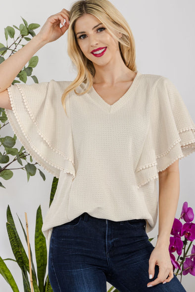 Celeste V-Neck Lace Trim Flutter Sleeve Top