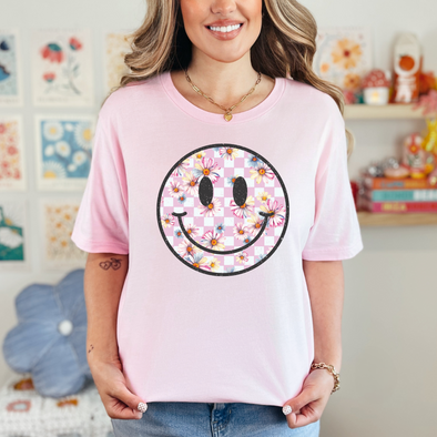 Checker Floral Happy Face Graphic Tee and Tank Top