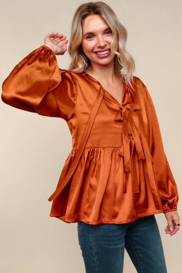Tied Up In Style Rust Ribbon Blouse