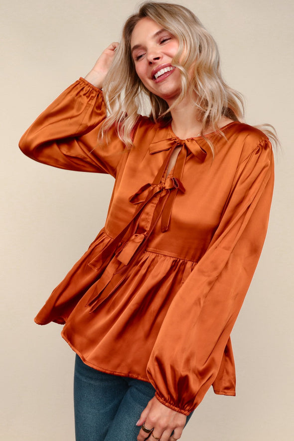 Tied Up In Style Rust Ribbon Blouse