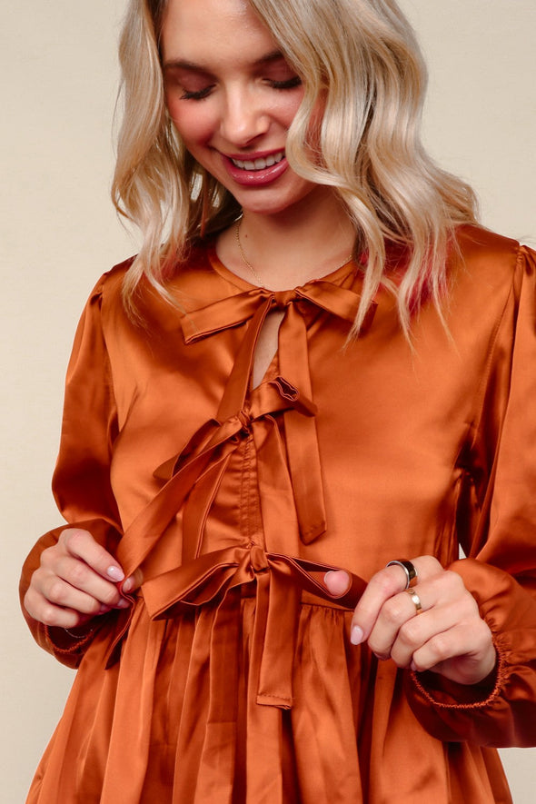 Tied Up In Style Rust Ribbon Blouse