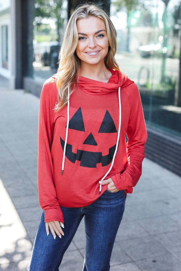 Orange Jack-O-Lantern French Terry Thumb Hole Double Hoodie