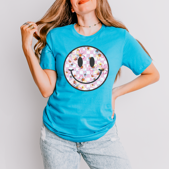 Checker Floral Happy Face Graphic Tee and Tank Top