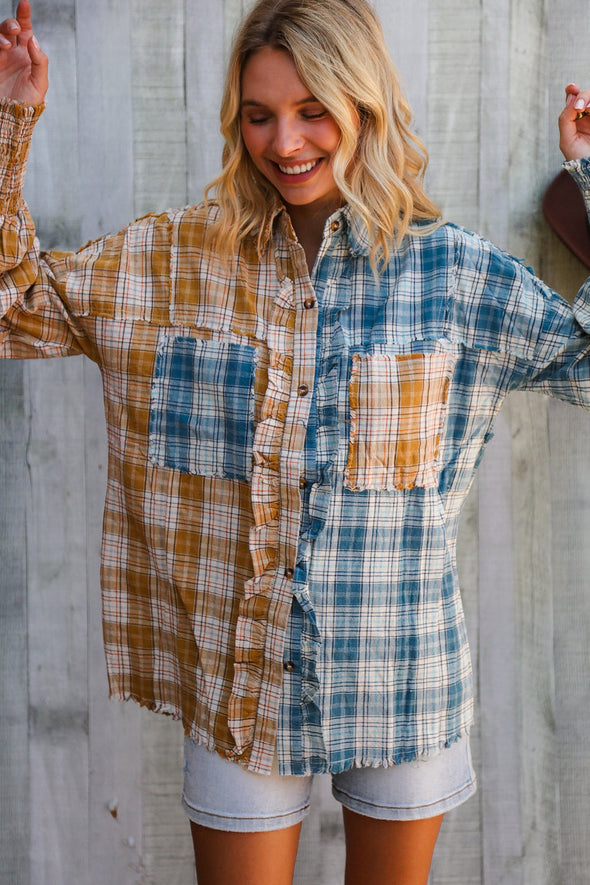 Adorable You Turquoise/Yellow Plaid Smocked Sleeve Frill Detail Top