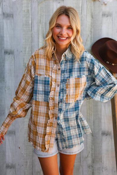Adorable You Turquoise/Yellow Plaid Smocked Sleeve Frill Detail Top